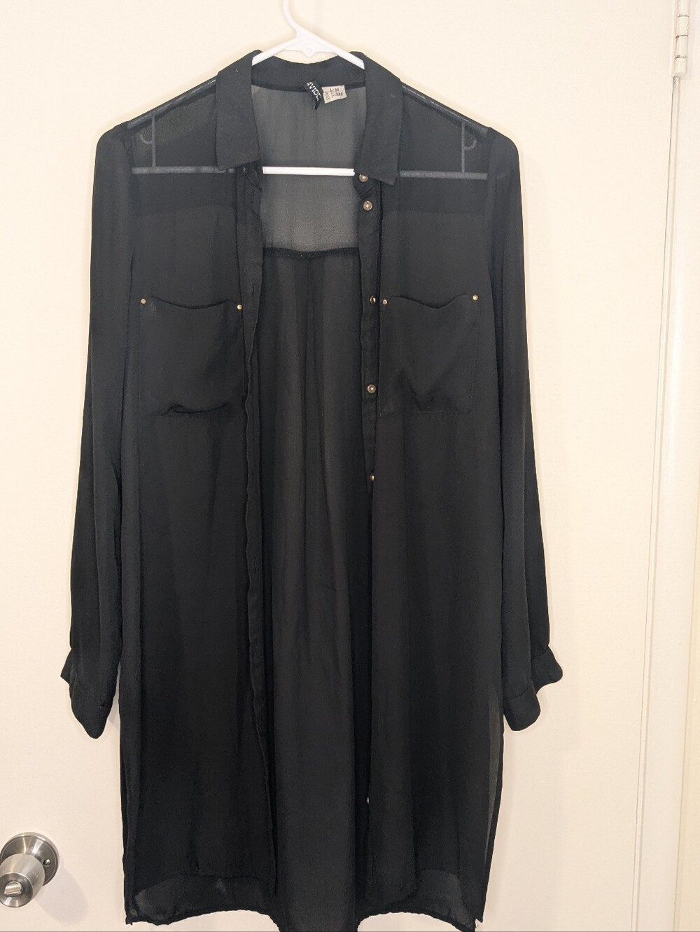 H&M Divided Sheer Black Button Down Tunic Duster Shirt Dress Size 4 Gold Accents
